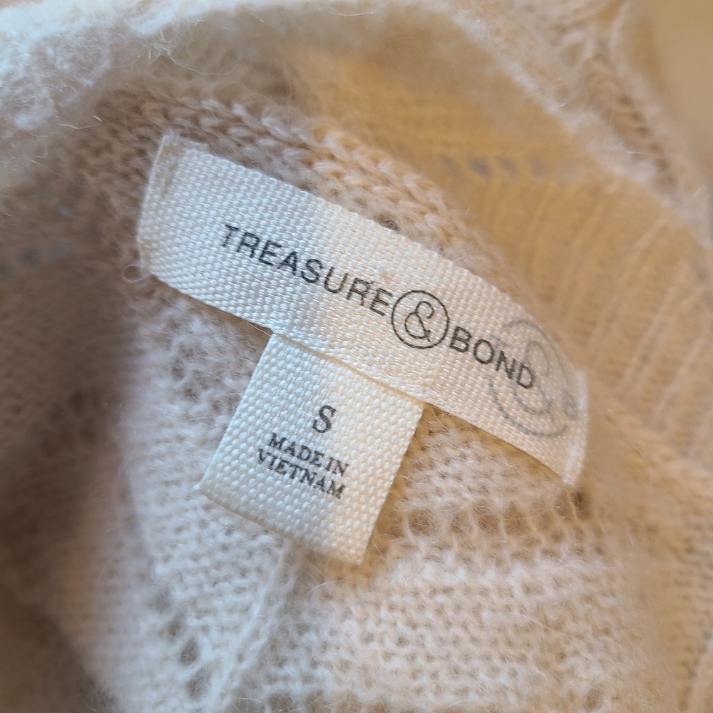 Treasure & Bond Cream Alpaca Wool Pointelle Heart Knit Ruffle Cuff Sweater S - Picture 3 of 5